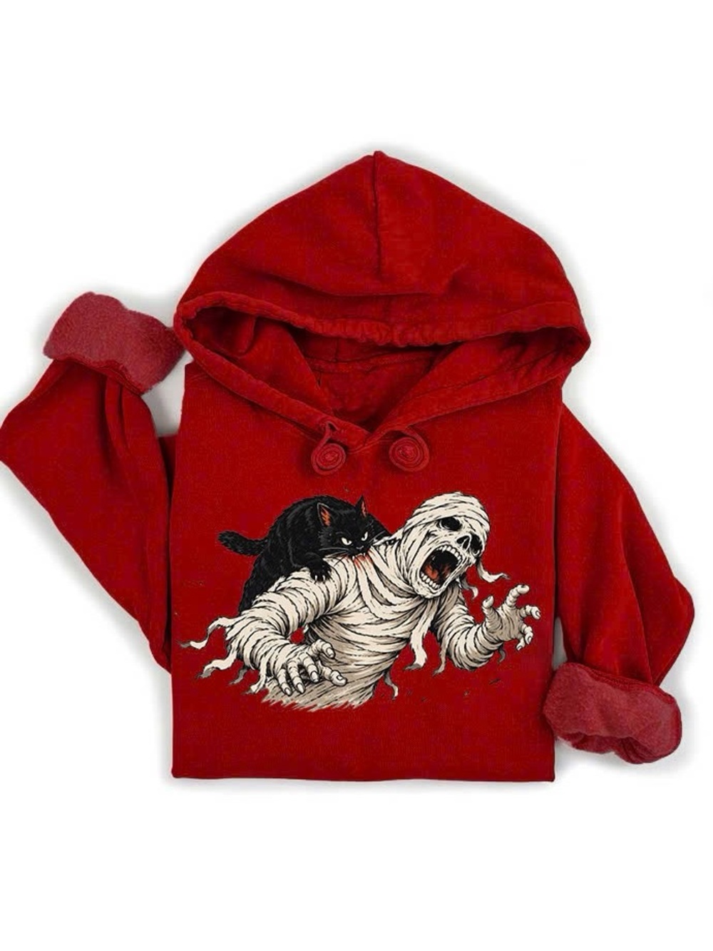 Gildan Red Hooded Sweatshirt with Mummy and Black Cat Graphic